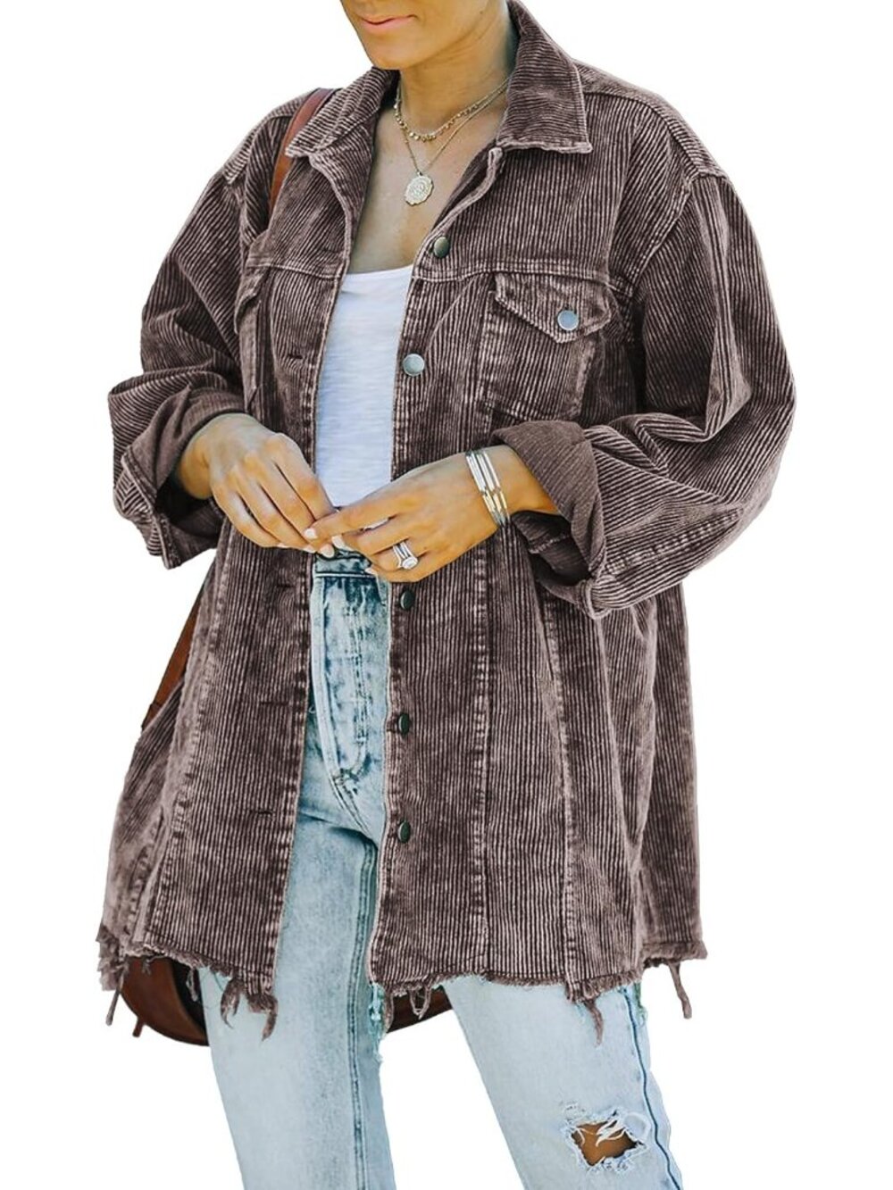 〽️Women's Brown Oversized Corduroy Shacket Button Down Shirt Jacket